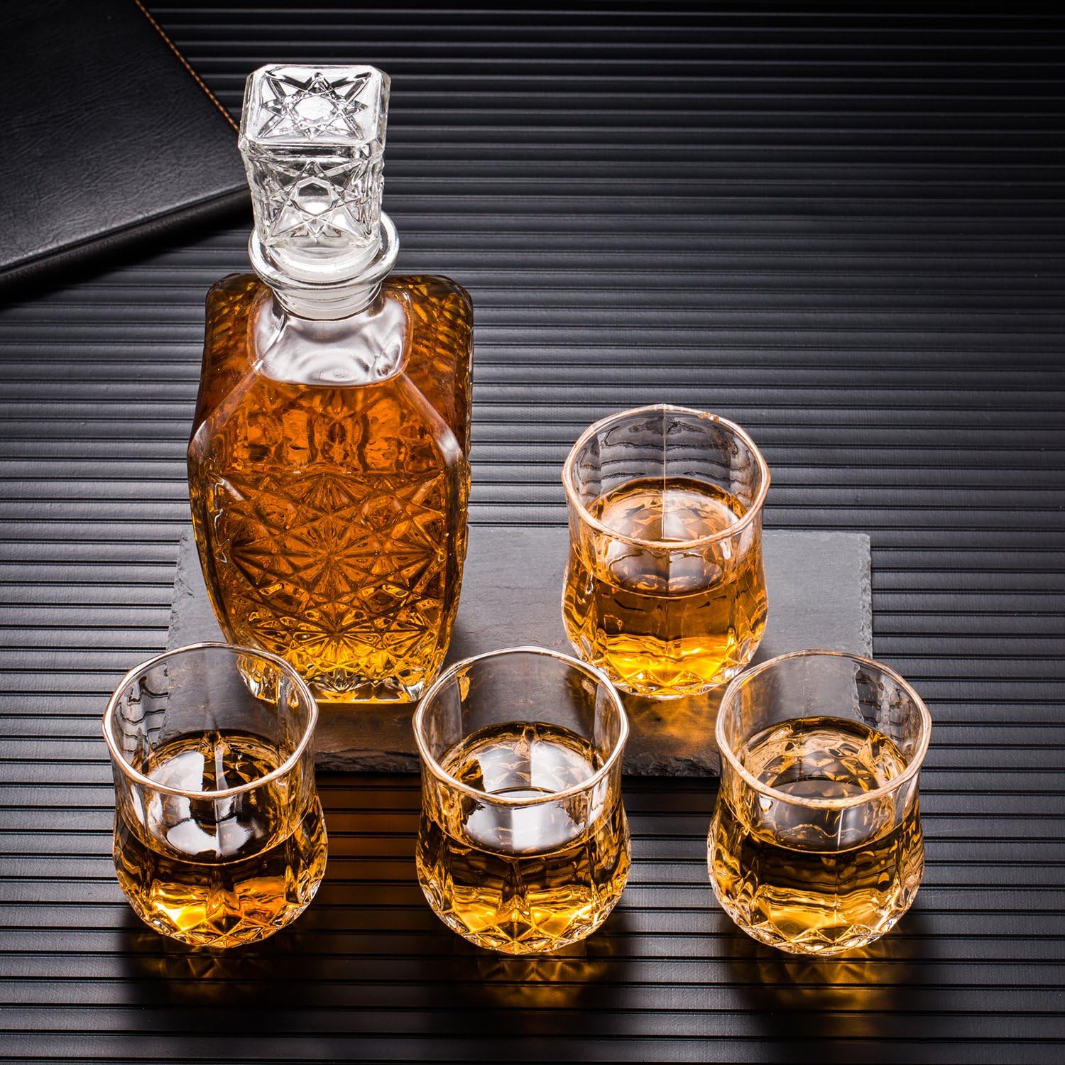 Whiskey Decanter Bar Set of 5 Comes with Stopper and 4 Old Fashioned Whiskey Glasses