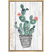 SIGNWIN Framed Canvas Print Wall Art Green Potted Cactus with Pink Blossoms and Love Phrase Floral Plants Drawings Folk Art Chic Whimsical Pastel for Living Room, Bedroom, Office - 16