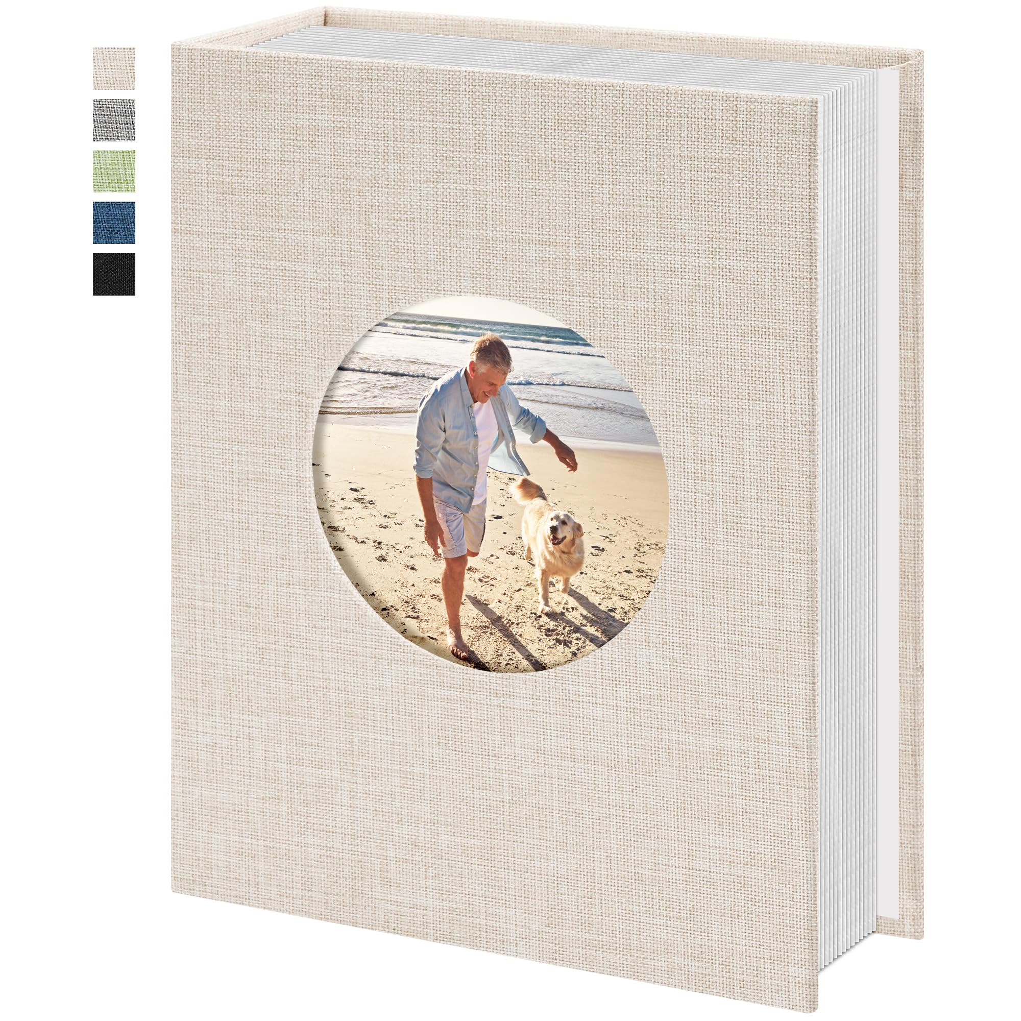 Photo 1 of Vienrose Photo Album 4x6 Photos 100 Pockets Linen Cover Slip-in Photo Book with Round Window for Wedding Vacation, Beige