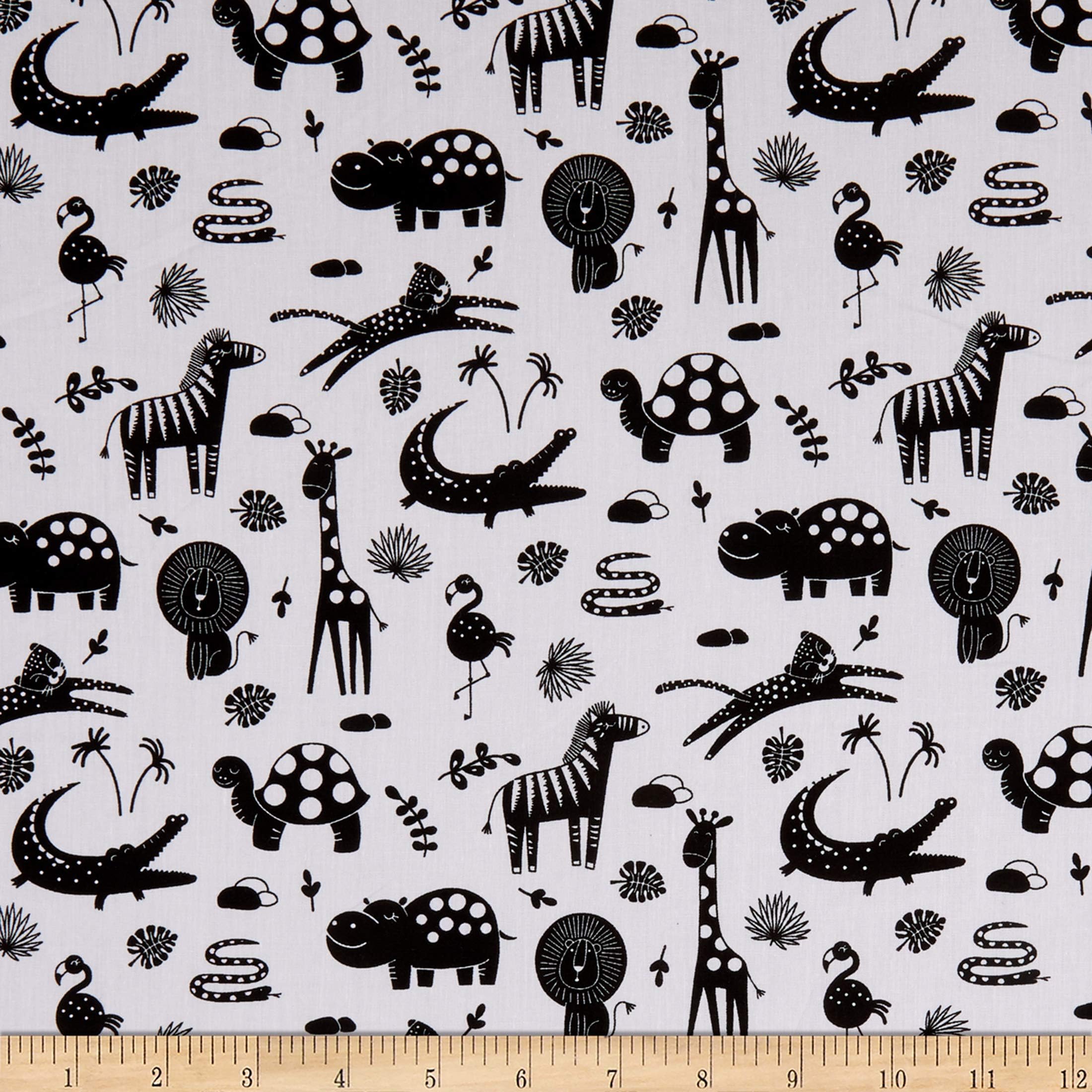 Fabtrends Cotton Poplin Crocodile On Safari White Black Fabric by the Yard
