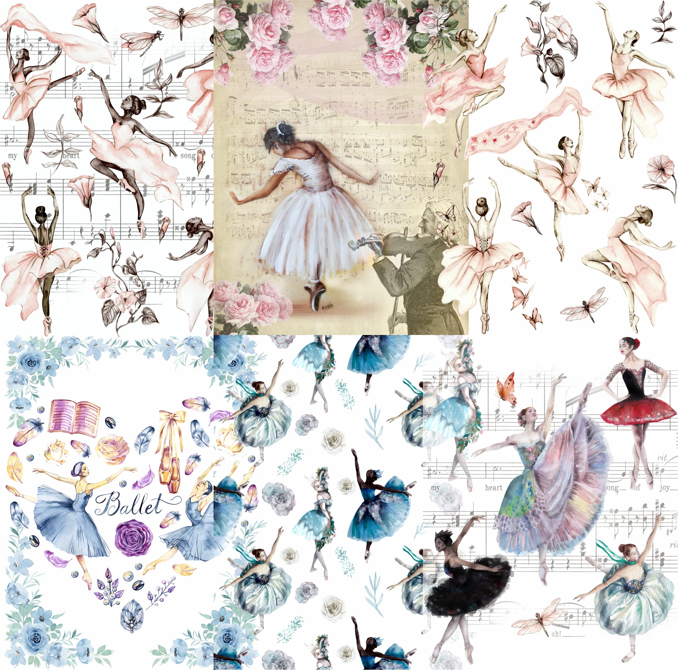 Ballet Theme Mulberry Rice Paper, 20.5 x 26.5cm - 6 x Different Printed Mulberry Paper Images 30gsm Visible Fibres for Decoupage Crafts Mixed Media Collage Art