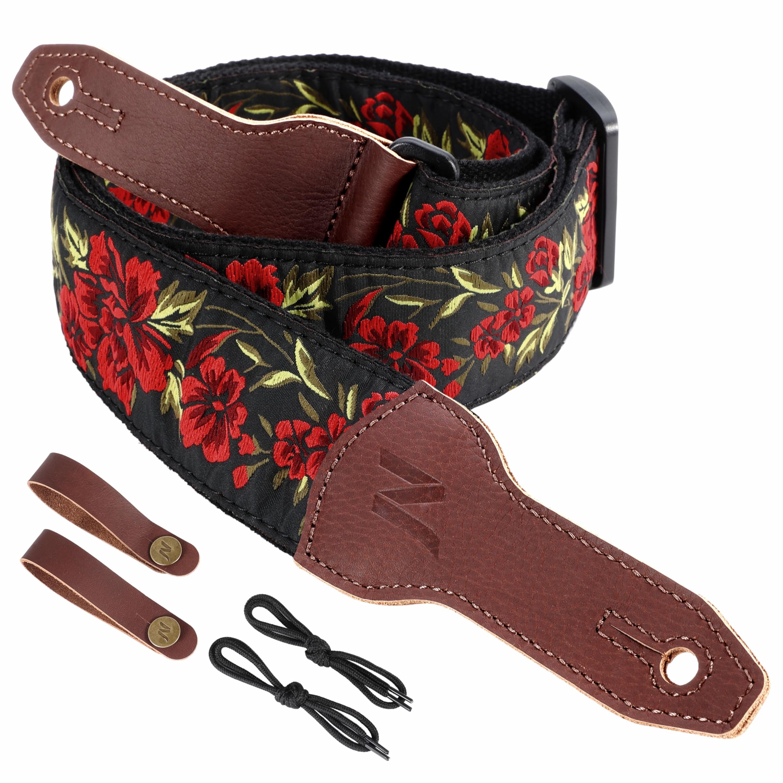 Nefelibata Banjo Strap, 2"Wide Full Grain Cowhide Guitar Strap Adjustable Replacement,Multi-pattern Guitar Strap With Headstock Rope and Leather Headband(Large Red Embroidery)