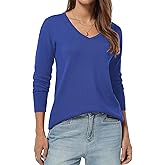 QUALFORT Women's V-Neck Long Sweater Lightweight Pullover Tunic Cotton Sweaters Long Sleeve Knit Comfort Causal Tops