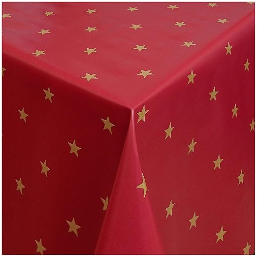 MG Wachstischdecke Gartentischdecke Abwaschbar nach Wunschmaß WEIHNACHT-DESSIGN STERNE ROT-GOLD (280-03) - 100 x 140 cm