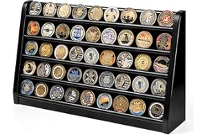 DecoWoodo Challenge Coin Display Case, 5 Row Military Coin Wooden Holder Rack Stand Holds 50 Coins for Desk or Wall Mount, Coin Holders for Collectors (Black Finish)