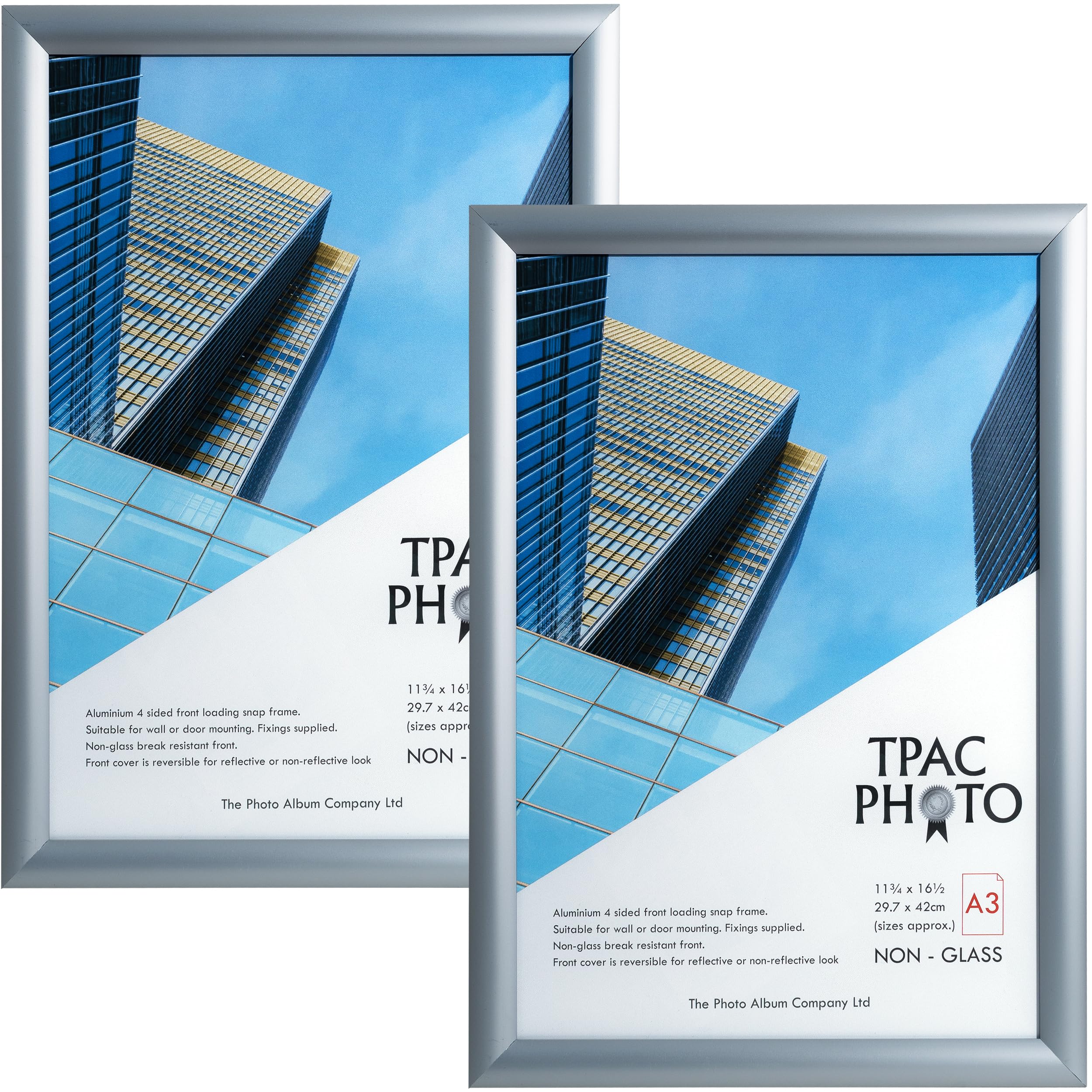 The Photo Album Company Limited | Snap Frame | A3 (30x42cm), Silver, Rectangular, Pack of 2, Acrylic Front | Easy Poster Change, Wall Mount | Display Photos, Posters, Certificates