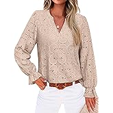 RUMIA Womens Blouses V Neck Eyelet Lace Tops with Lining Dressy Sheer Long Sleeve Shirts Embroidered Blouses 2025 Fashion