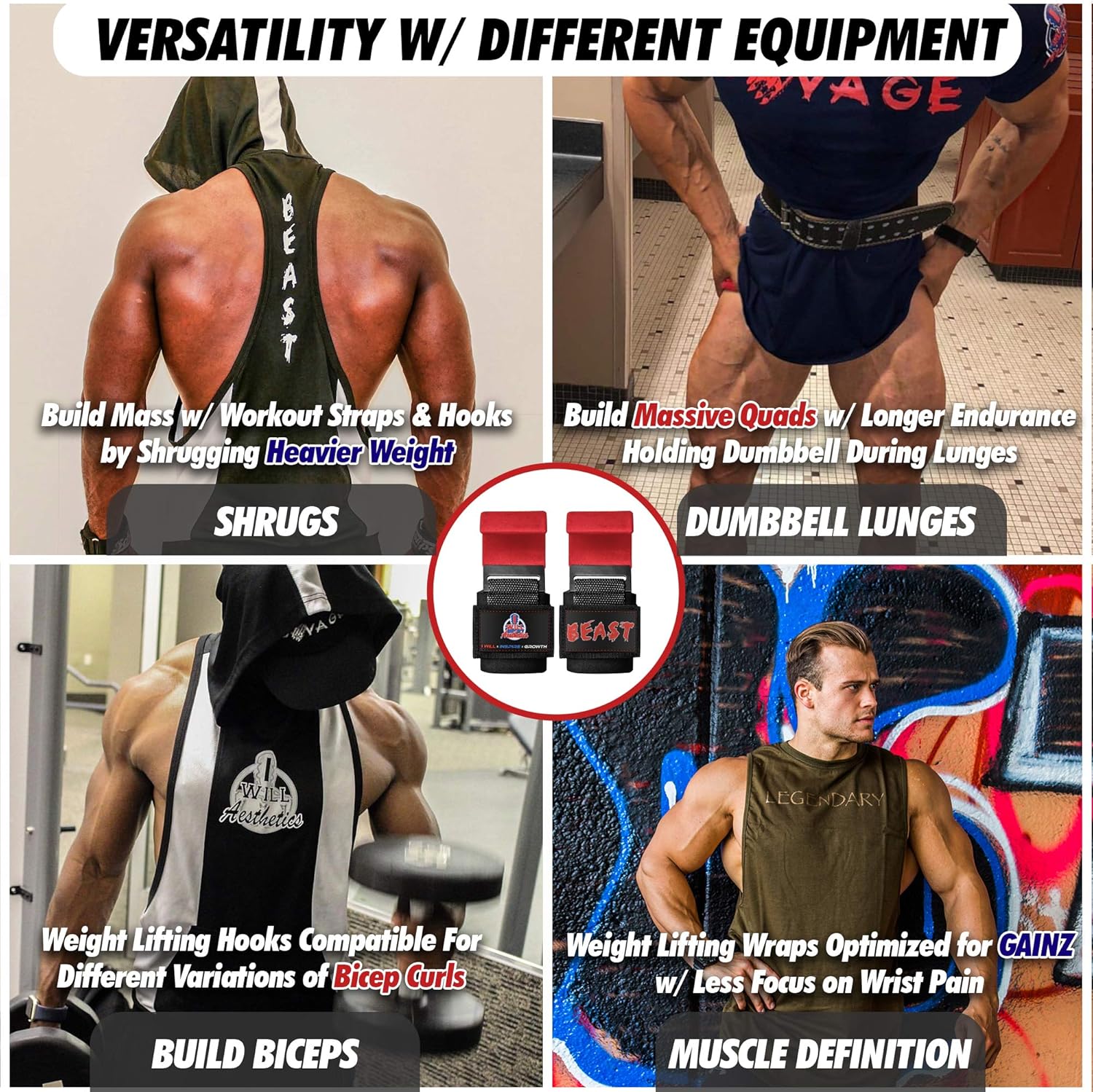 I WILL AESTHETICS Weight Lifting Hooks for Men & Women - Lifting Hooks for Weight Lifting - Deadlift Grips with Hooks - Weight Grips & Deadlift Straps (RED) : Sports & Outdoors