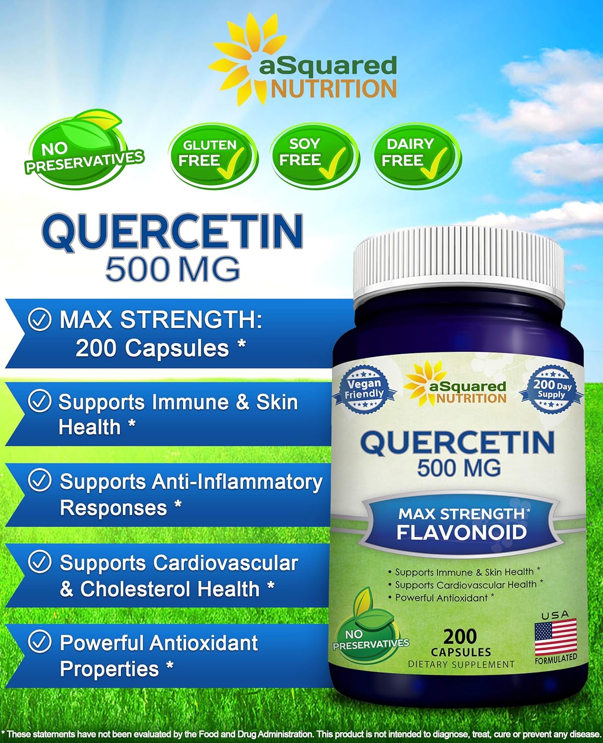 Quercetin 500mg Supplement - 200 Capsules - Quercetin Dihydrate to Support Cardiovascular Health - Max Strength Powder Complex Pills to Help Improve Anti-Inflammatory & Immune Response: Health & Personal Care