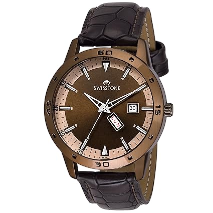 Swisstone BW170-BRWN Brown Leather Strap Wrist Watch for Men