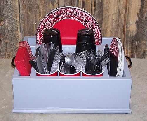 Amazon Com Gray Wood Kitchen Utensil Holder Kitchen Utensil Holder Kitchen Organizer Kitchen Caddy Wood Utensil Holder Paper Plate Holder Napkin Holder Handmade gray wood kitchen utensil holder