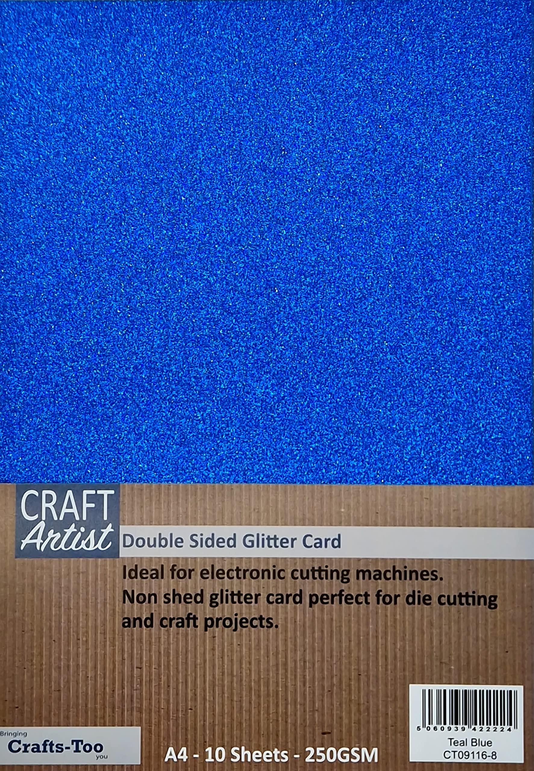 Craft Artist A4 Double - Sided Glitter Card - Teal Blue - 250GSM - Non Shed - Use with Cricut, Brother, Silhouette - for Paper Craft, Birthday Toppers, Home Decor, Stationary, (10 Pack)