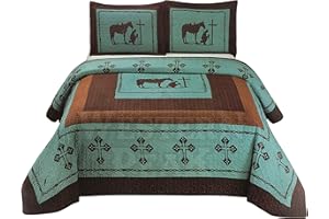 Western Peak 3 Pc Luxury Western Texas Cross Praying Cowboy Horse Cabin Lodge Barbed Wire Luxury Quilt Bedspread Oversize Comforter (Oversize King, Turquoise Teal)