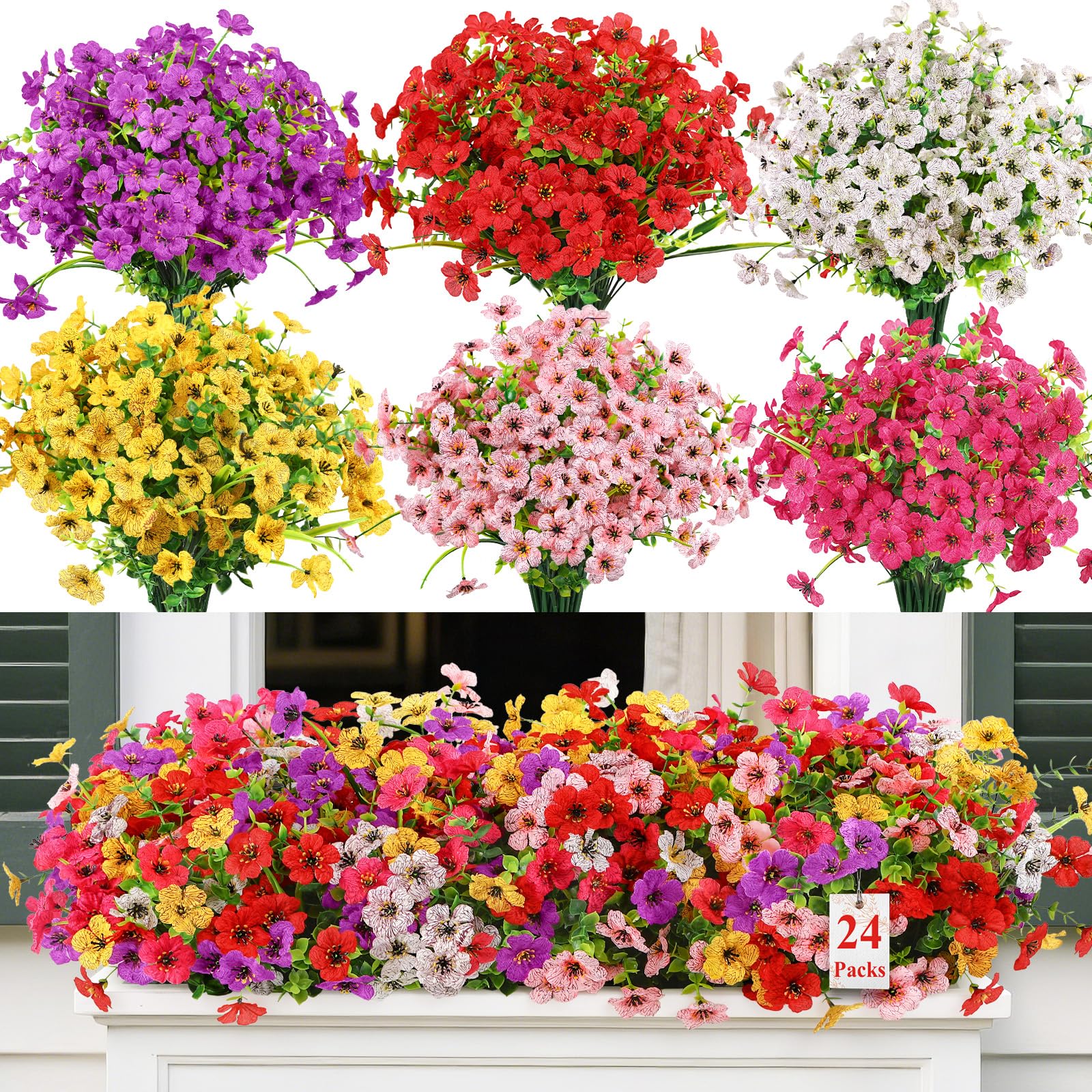 Alupssuc 24 Bundles Artificial Flowers Outdoor Decoration, Mixed 6 Colors Violet Plastic Fake Flowers Plants, for Indoor Outdoor Hanging Baskets Garden Porch Window Home Vases Wedding Farmhouse Decor