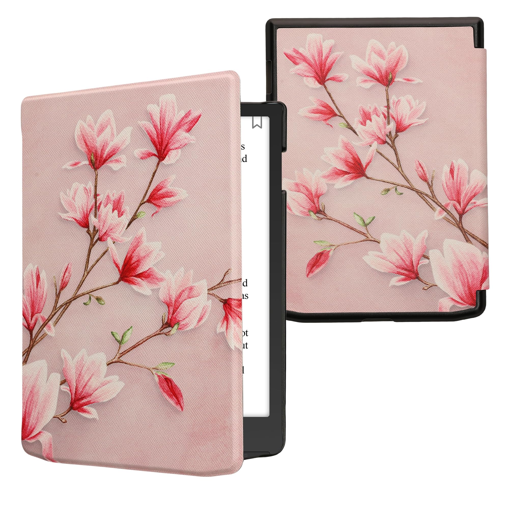 kwmobile Cover for Pocketbook InkPad 4 / Color 3 / Color 2 / Vivlio InkPad 4 / InkPad Color 3 Case - eReader Cover with auto sleep funktion - Magnolias with Pink/White/Dusty Pink