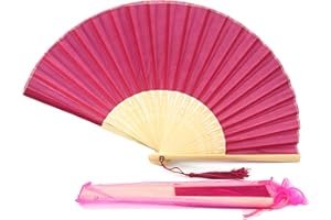 FANSOF.FANS Fabric Handheld Folding Hand Fan With a Tassel Grade A Bamboo Ribs for Women Girls Summer Party Event Favor Birthday Wedding Souvenir Gift (Deep Pink)