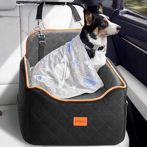 HIPETPY DOG CAR SEAT 6″ ELEVATED MEMORY FOAM BOOSTER SEAT FOR SMALL MEDIUM DOGS UNDER 35 LBS WITH PET BLANKET, WASHABLE PET CAR SEAT WITH SAFETY LEASH, ANTI-SLIP BASE AND STORAGE POCKETS