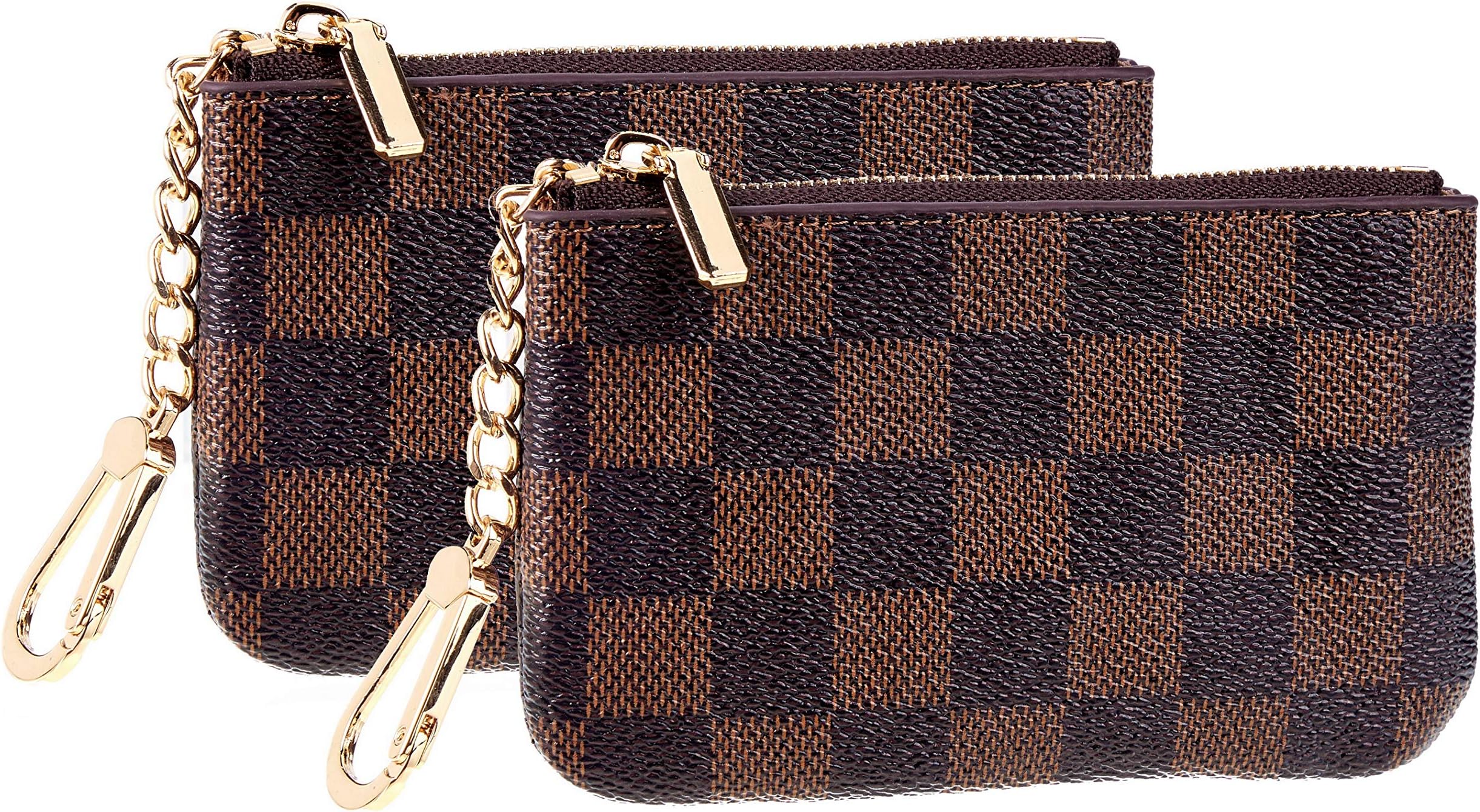 Rita Messi Luxury Checkered Zip Coin Pouch Purse Change Holder Wallet with Key Chain 2 pcs Set