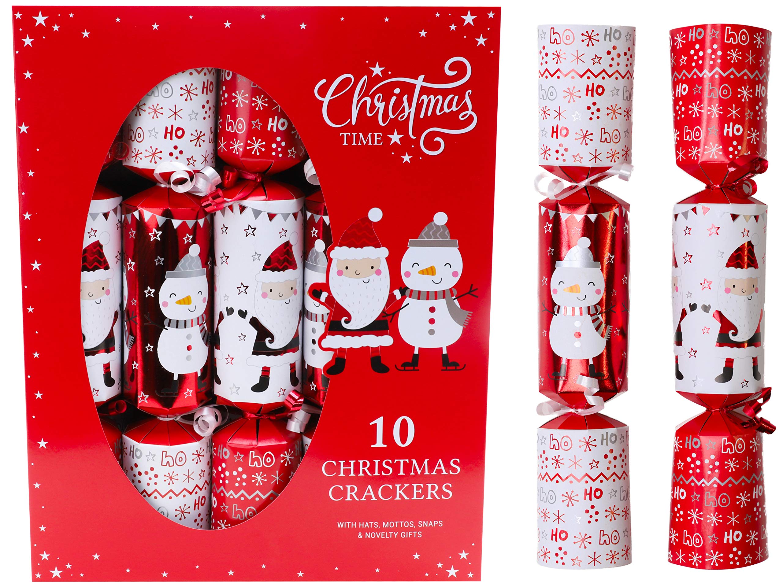 Toyland® Pack of 10 Snowman & Santa Christmas Crackers - 30cm Festive Crackers With Hats, Novelties, Jokes - Classic Christmas Dinner Table Decor (10-Pack)