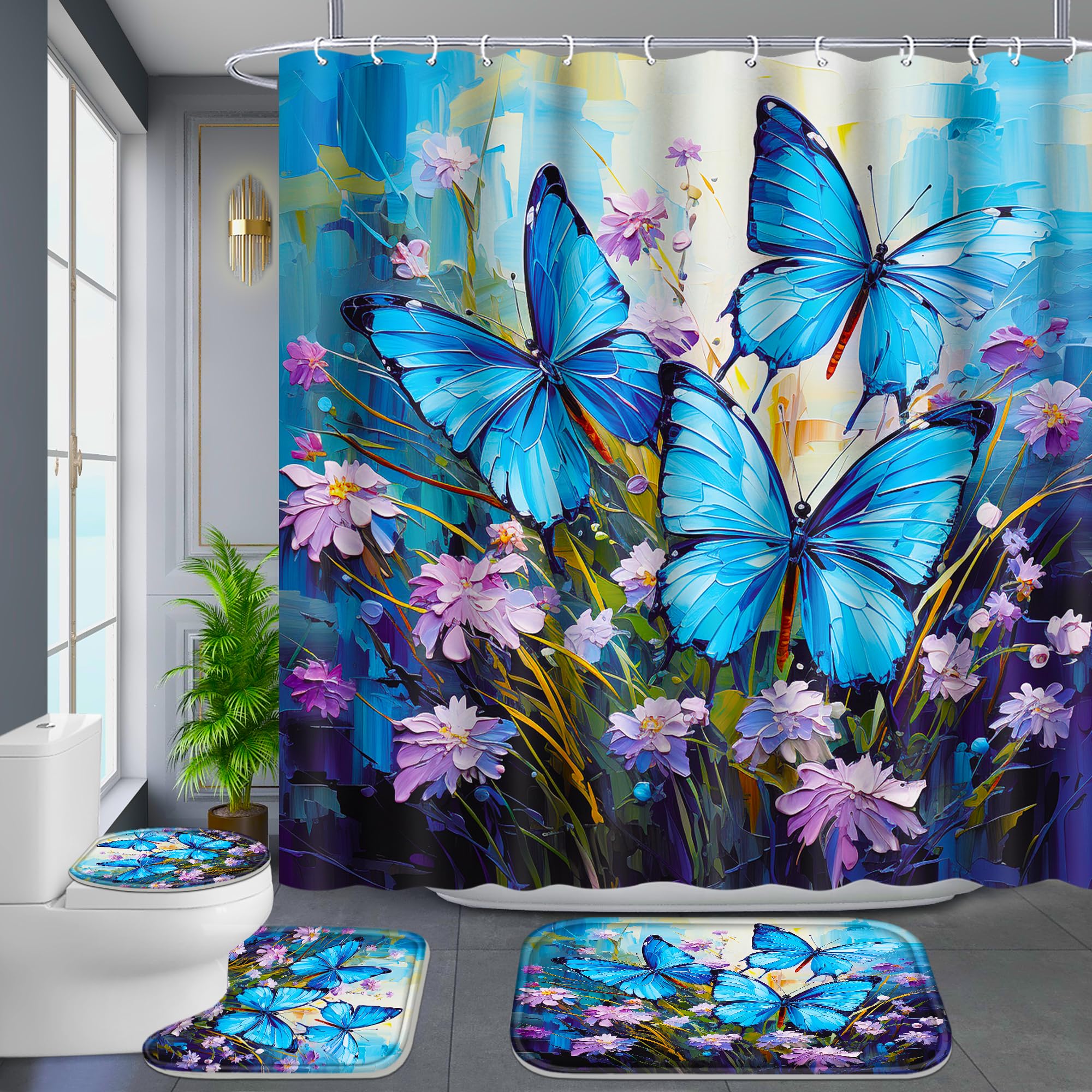 Photo 1 of Poedist 4-Piece Blue Butterfly Bathroom Set with Non-Slip Rug, Toilet Seat and Floor Mat (with 12 Hooks), Floral Shower Curtain Set, Bathroom Set with Rug and Accessories