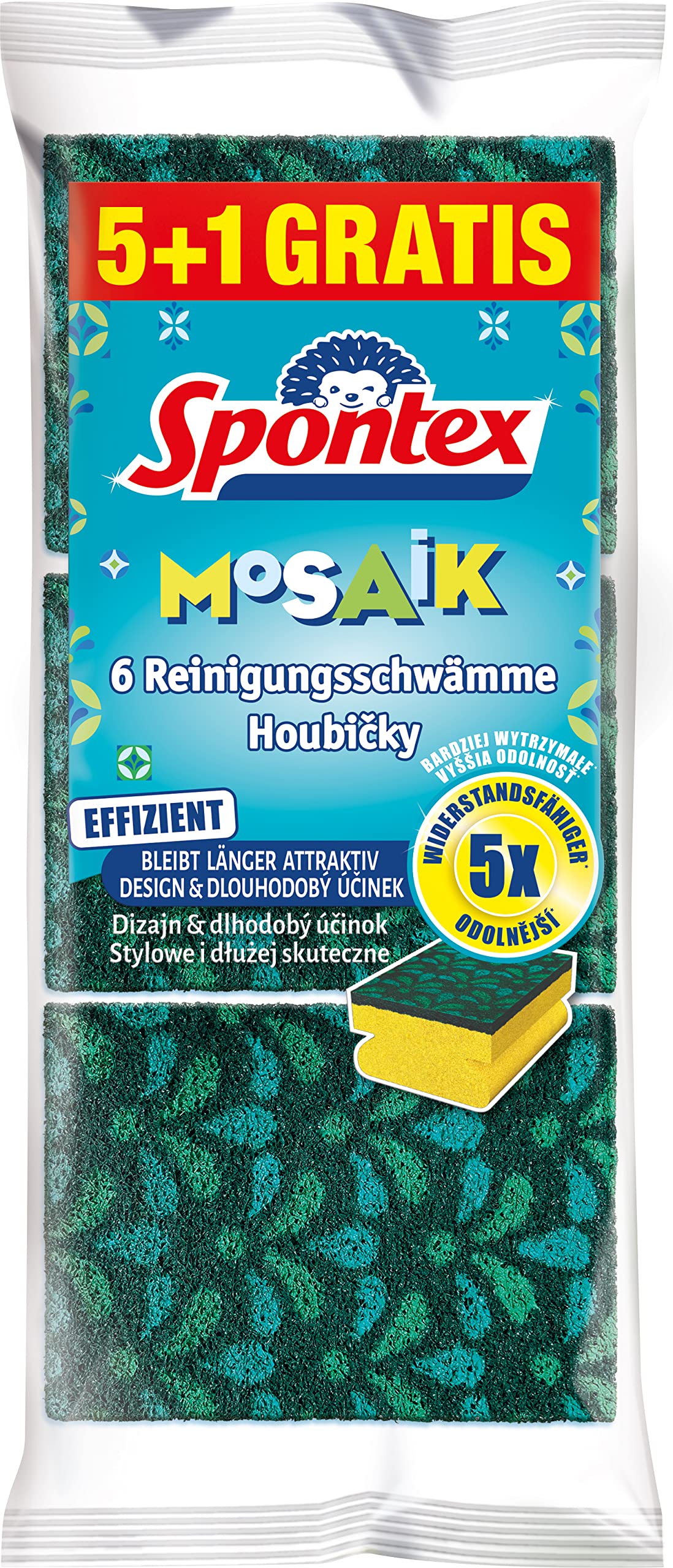 Spontex Mosaic Cleaning Sponge with Anti-Lint Technology and Practical Handle Strip, Colour Cannot be Selected, Pack of 6