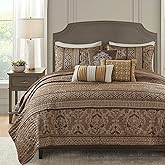 Madison Park Quilt Traditional Damask Design All Season, Lightweight Coverlet Bedspread Bedding Set, Matching Shams, Pillows, King/Cal King(104"x94"), Bellagio, Jacquard Brown/Gold 6 Piece (MP13-369)