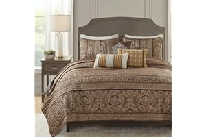 Madison Park Quilt Traditional Damask Design All Season, Lightweight Coverlet Bedspread Bedding Set, Matching Shams, Pillows, King/Cal King(104"x94"), Bellagio, Jacquard Brown/Gold 6 Piece (MP13-369)