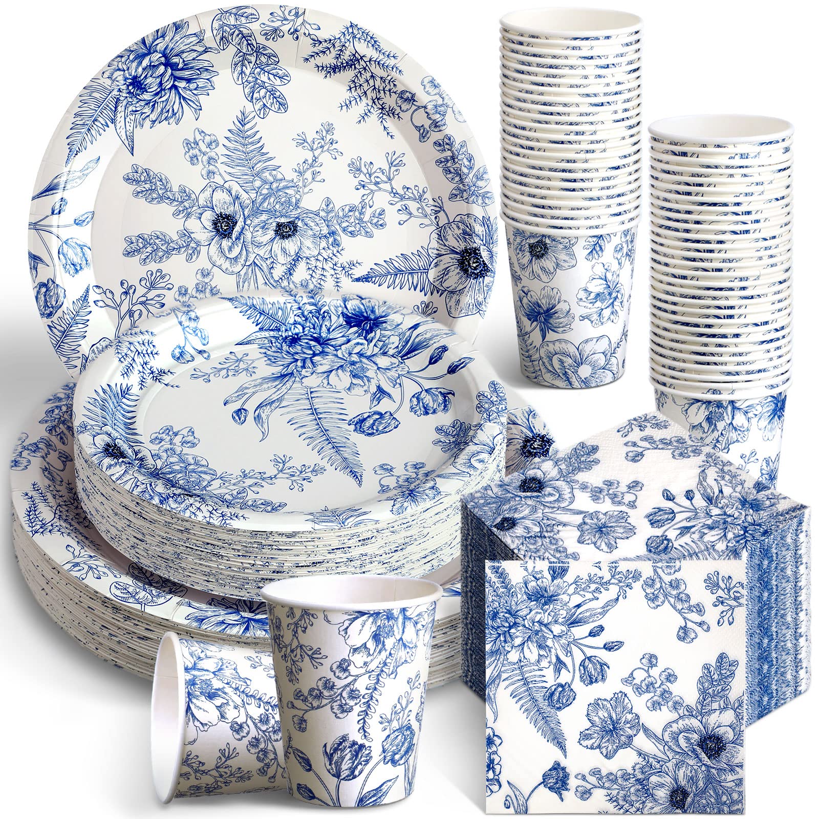 Photo 1 of Dandat 250 Pcs Blue Disposable Plates and Napkins Floral Tableware Set for 50 Guests Disposable Plates Napkins Cups for Wedding Baby Bridal Shower Party Supplies (Flower)