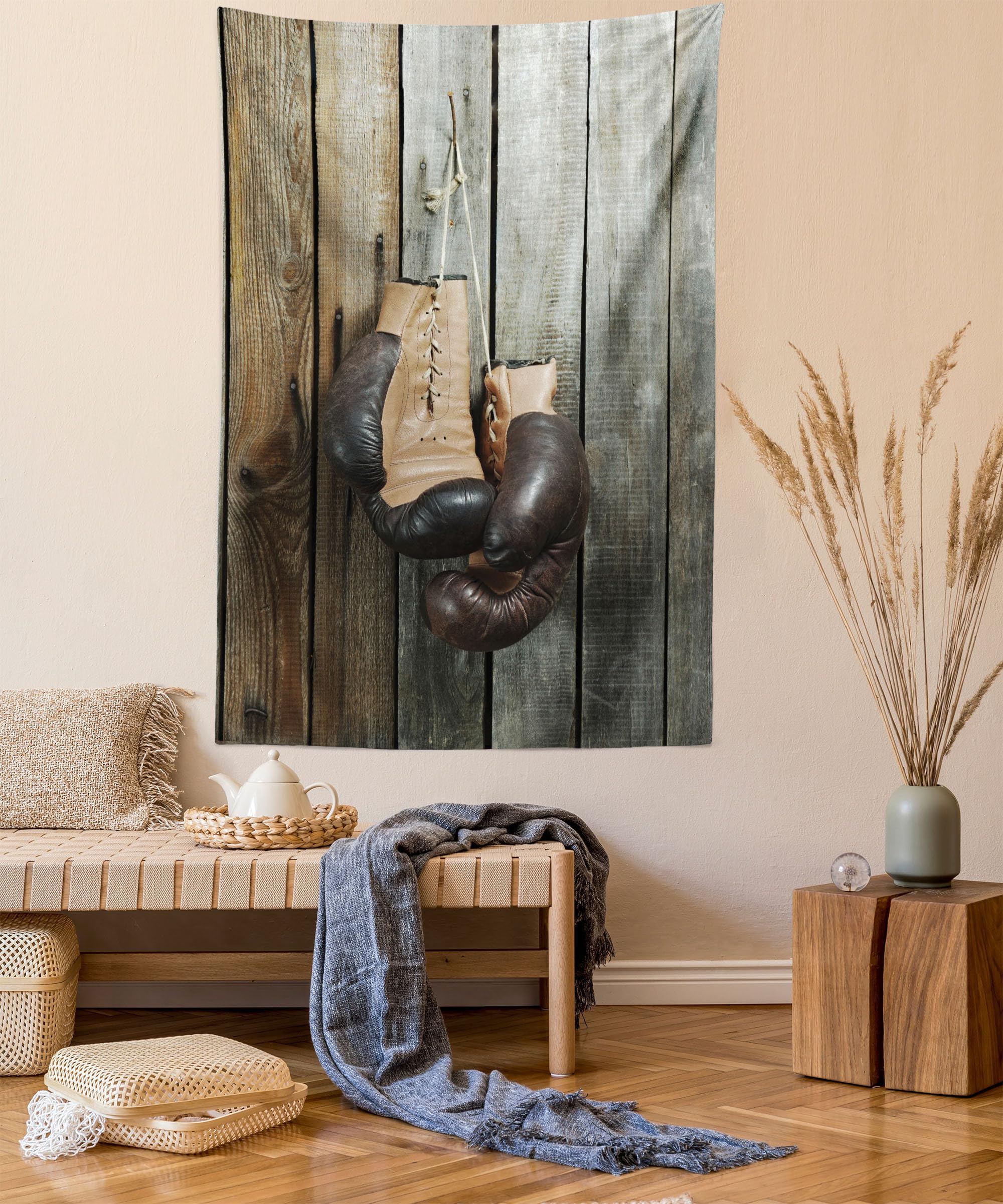ABAKUHAUS Vintage Tapestry, Vintage Boxing Gloves on the Old Wooden Background Antique Equipment Photo Art Print, Fabric Wall Hanging Decor for Bedroom Living Room Dorm, 54 W X 90 L, Brown