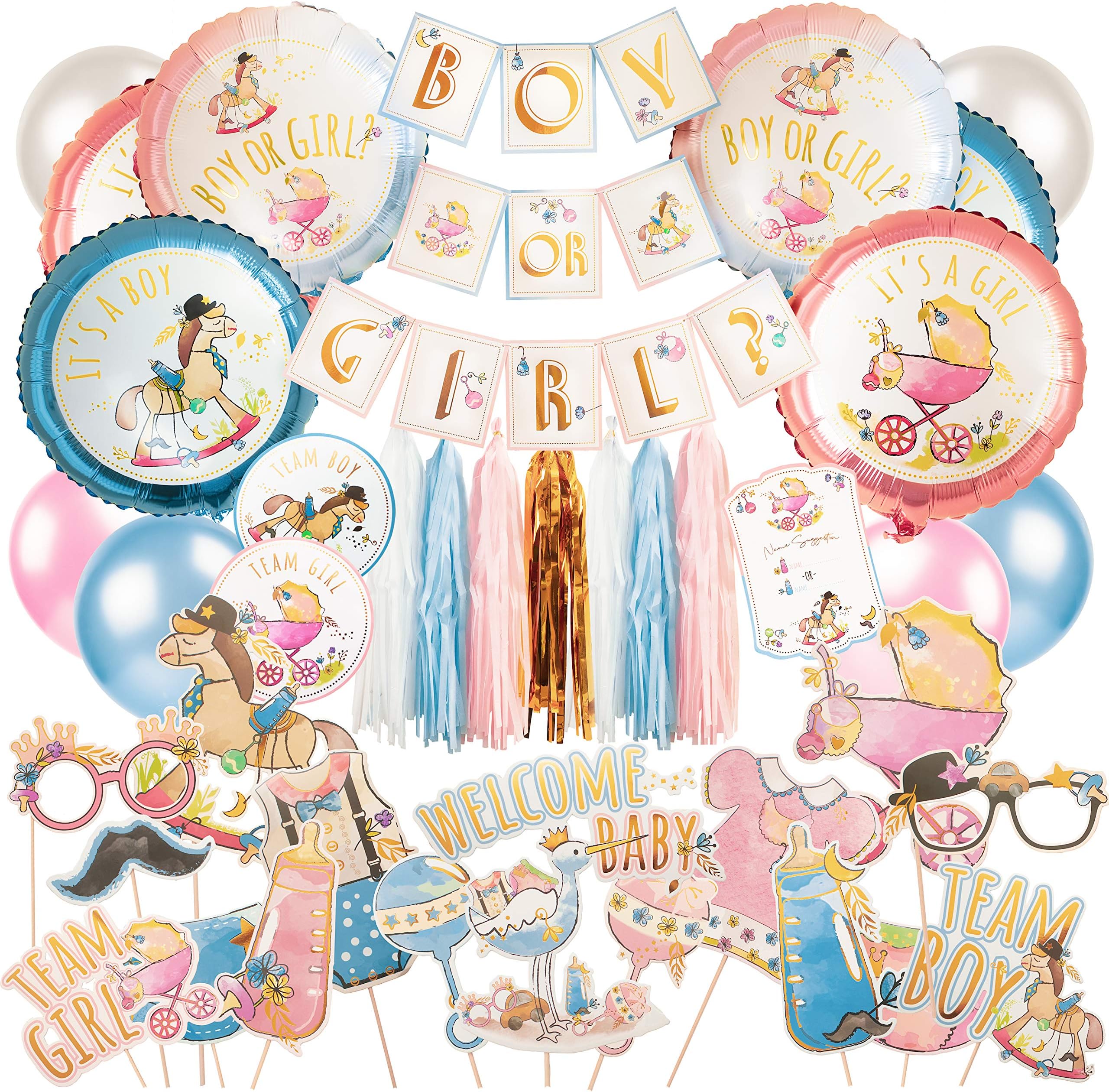 Gender Reveal Party Supplies Kit (100 pieces) - Gold Accented Boy Or Girl Banner, Artistic Boy Or Girl Balloons, Photo Booth Props, Tassels, and more gender reveal decorations - Perfect for your gender reveal party