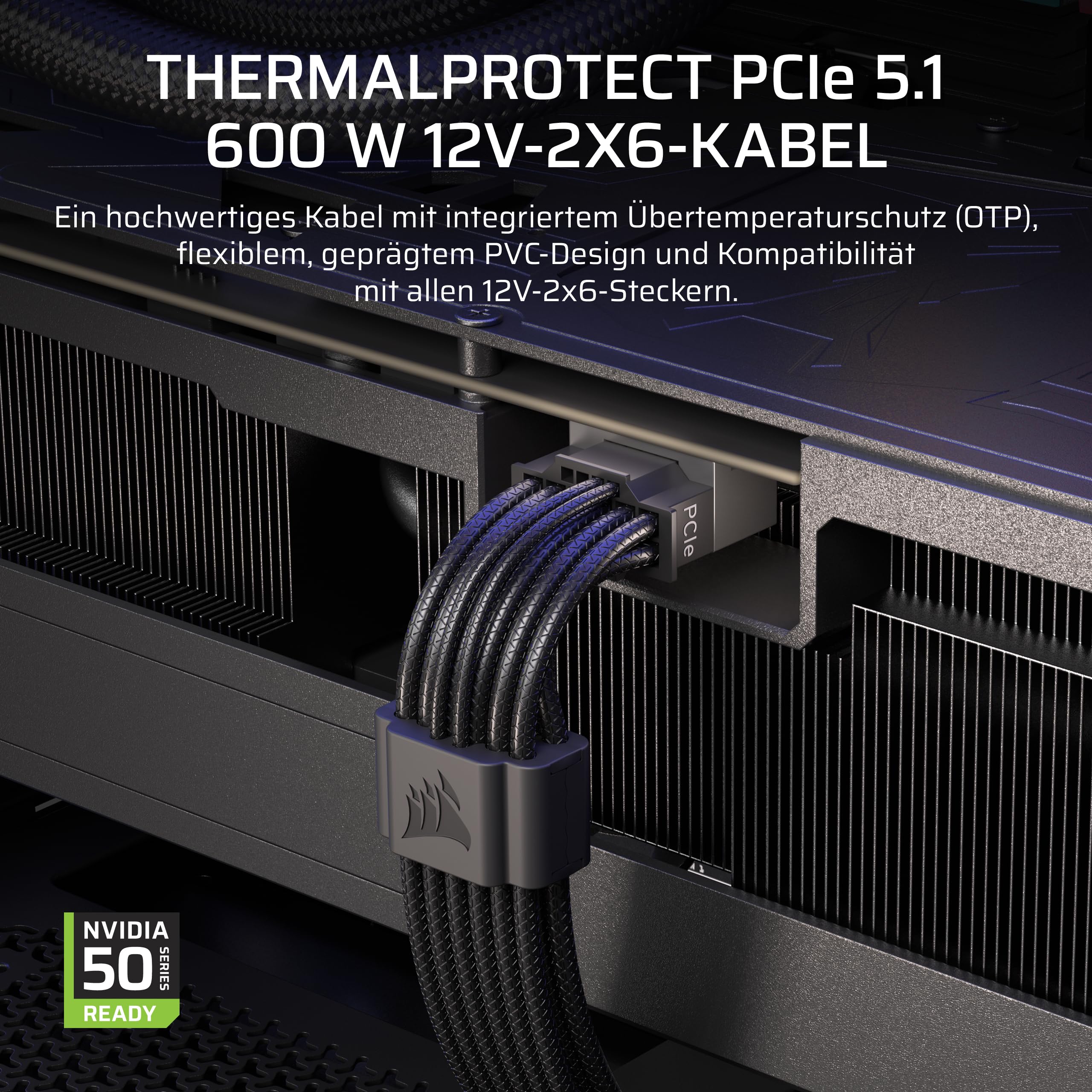 Corsair ThermalProtect PCIe 5.1 600W 12V-2x6 Netzteilkabel – Integrierter Übertemperaturschutz (OTP), Kompatibel mit Netzteilen mit einem 12-V-2x6-Anschluss – Schwarz 2