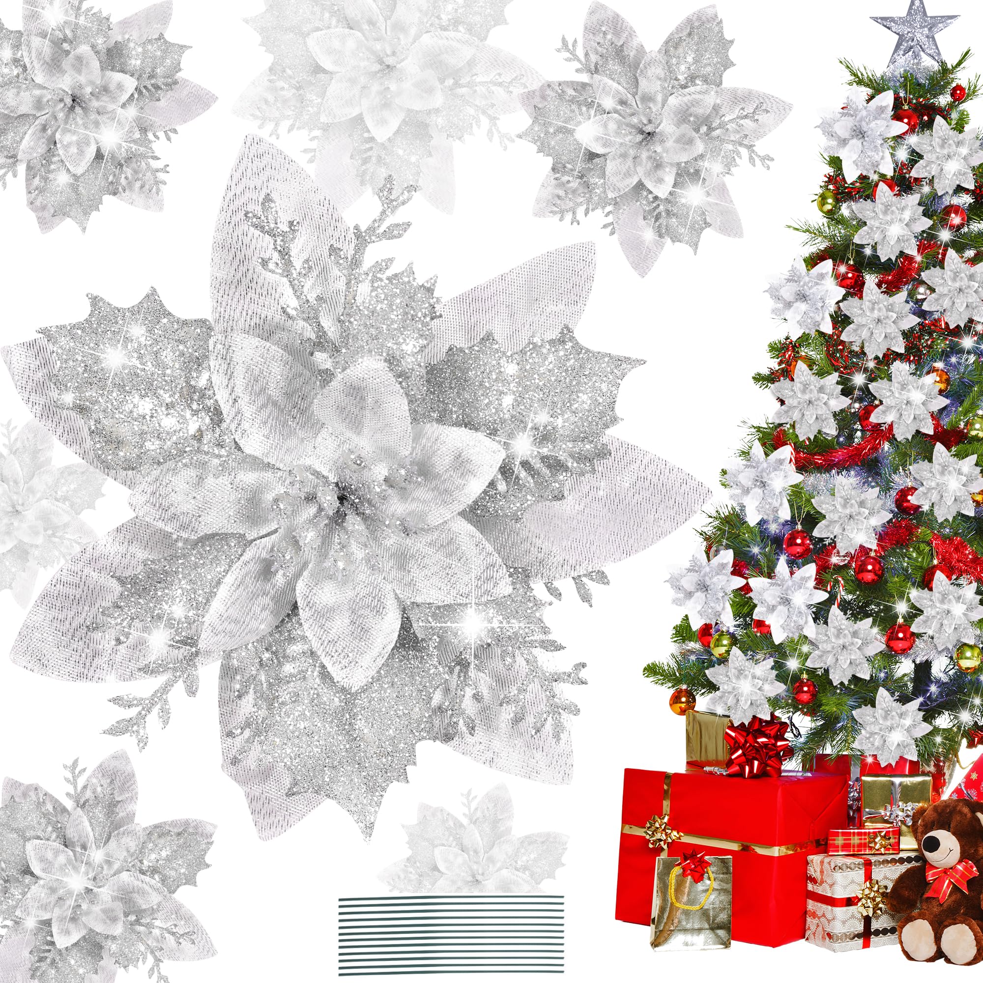 Pecehom 16 Pieces Poinsettia Christmas Decorations,Glitter Artificial Poinsettia Flowers Christmas Tree Ornaments,for New Year Wedding Xmas Wreath Home Party Decor (Silver)