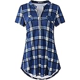 ZENNILO Women's Shirt Zip Plaid V Neck Short Sleeve Casual Summer Tunic Tops