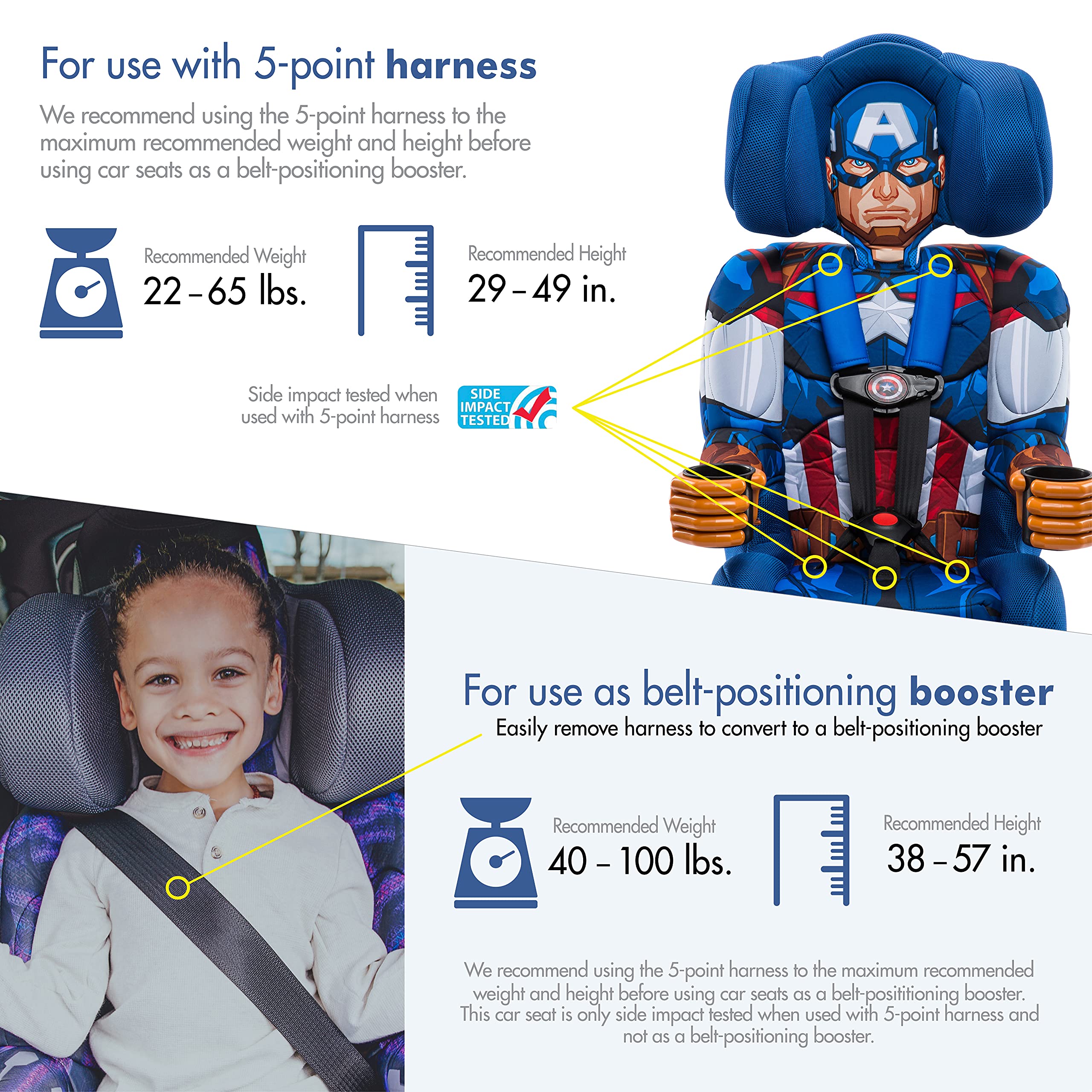 KidsEmbrace Marvel Captain America 2-in-1 Forward-Facing Booster Car Seat LATCH | 5-Point Harness Booster 22-65lbs converts to Belt-Positioning Booster 40-100lbs | Adjustable