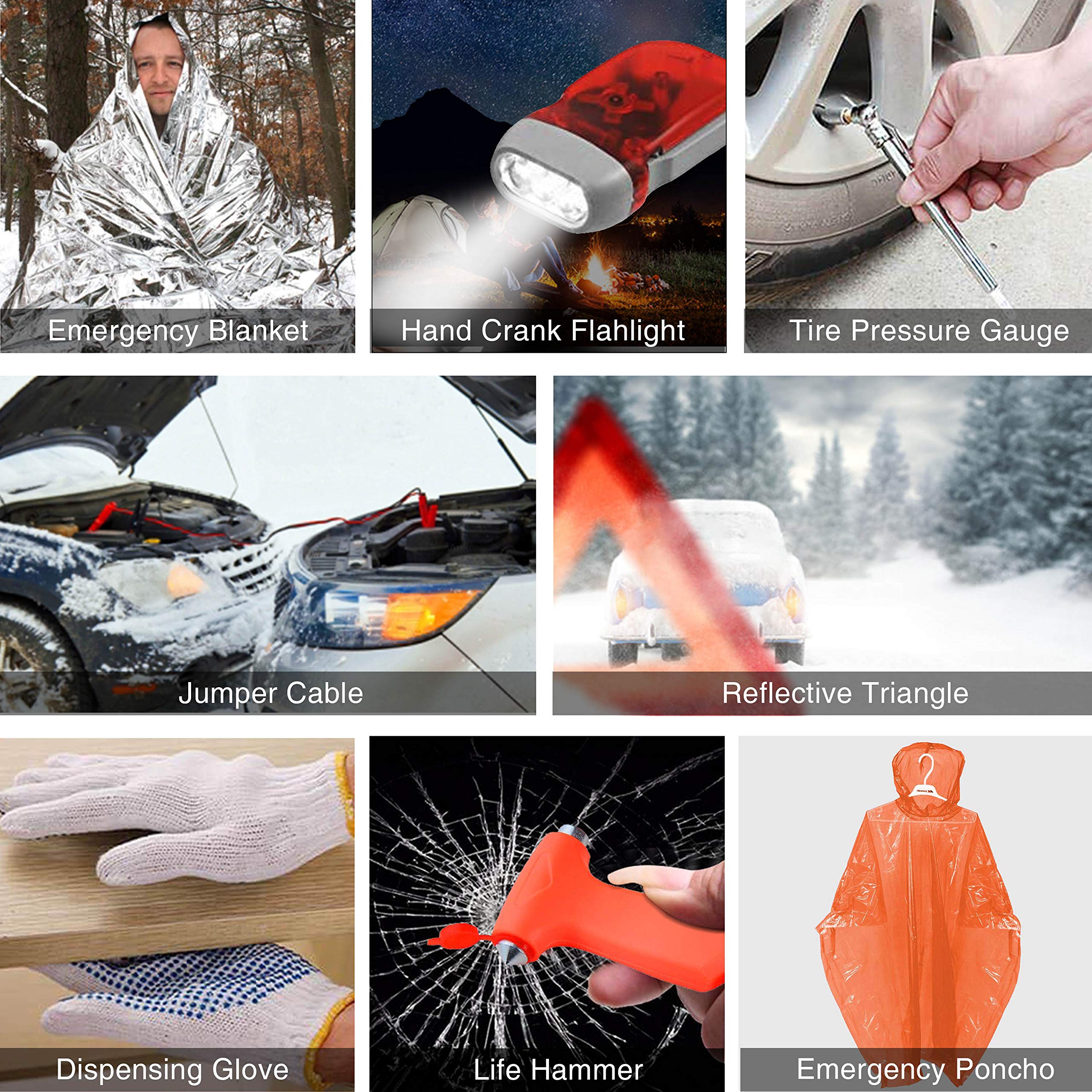 RISEN Roadside Car Emergency Kit/Auto Assistance Kit/Road Travel First Aid Kit with Jumper Cables,Reflective Warning Triangle,Tire Gauge,Emergency Hammer and more for Car or Truck