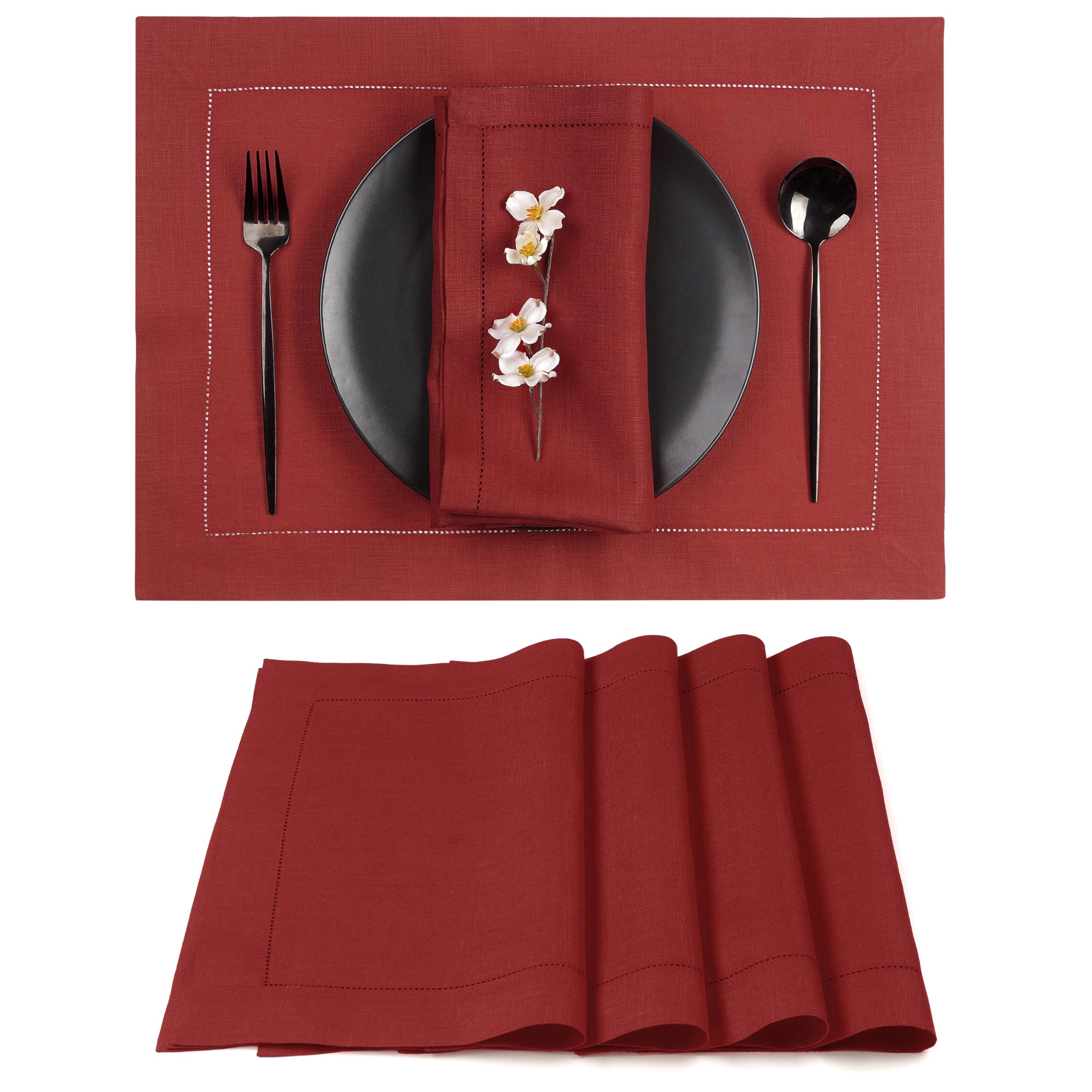 D'Moksha Homes Linen Placemats, Classic Hemstitch Cloth Placemats, Table Mats for July 4th Spring Fall, Divine Red, Set of 4