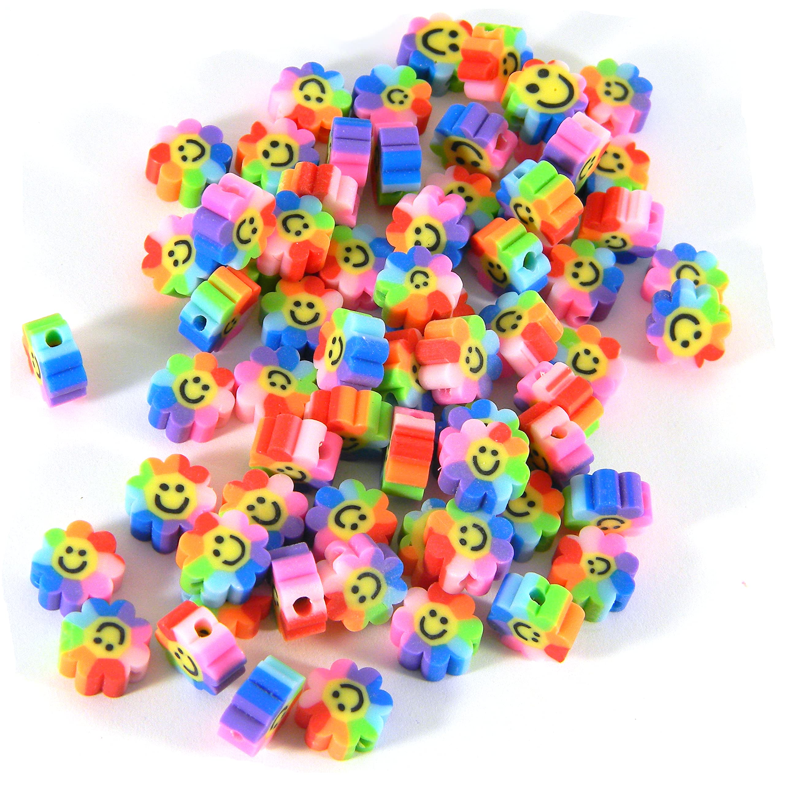 Photo 1 of  Rainbow Colored 10mm Polymer Clay Smiley Face 10mm x 4mm Flat Flower Beads