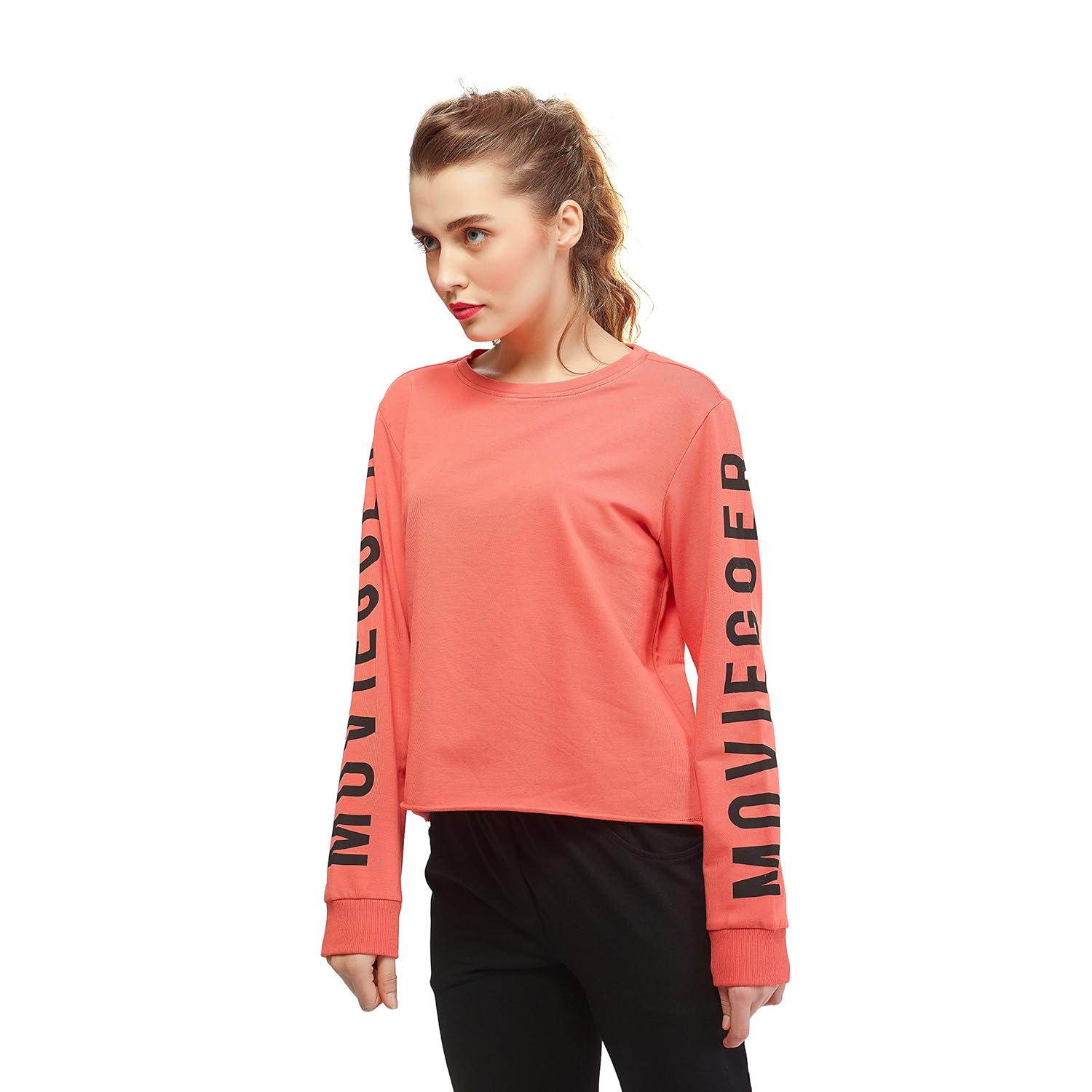 zeyo women cotton peach crop top full sleeve round neck solid plaintees