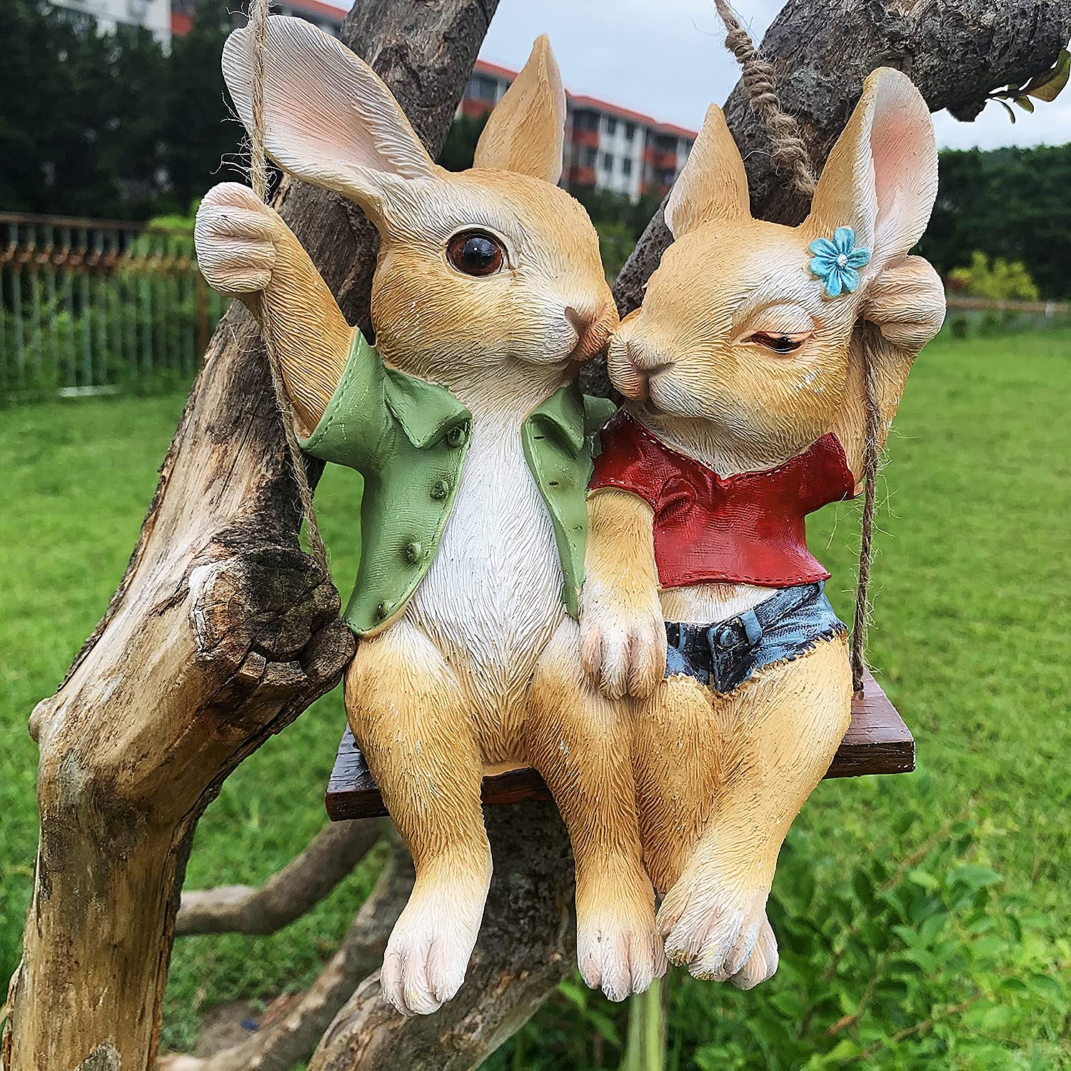 iRonrain Garden Statues Rabbit, Indoor Outdoor Cute Hanging Bunny Lover Sculpture Simulation Art Decor Figurine Ornament For Fence Path Landscape Tree Decorations, Gardening Sculpture Gifts