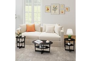 VPSMAT Living Room Coffee Table Set of 3, Wooden Coffee Table with 2 Round End Tables, 2-Tier Open Storage for Small Spaces, Apartment Home Office, Black