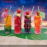 Burns Glass Tiki Glasses Set of 4 - Colored Tiki Glass for Cocktail, Unique Tropical Tiki Glassware Mixed Drinking Glass Cups, Perfect for Tiki Bar Island Parties, Holiday Gifts for Men Women