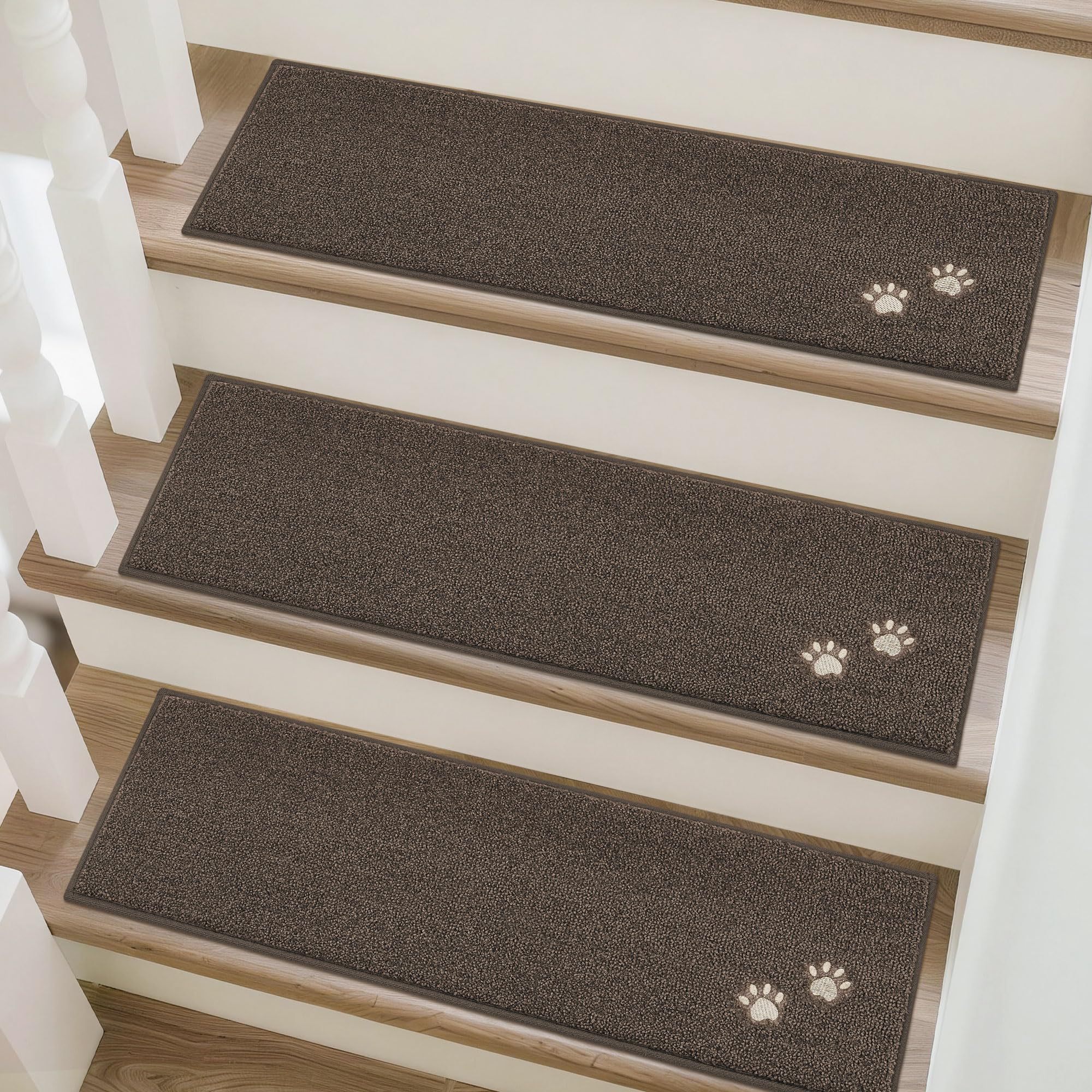BEQHAUSE Stair Treads, 4 pcs Non Slip Stair Treads, 22x70 cm Stairs Carpet Tread Washable Machine for Kids Elders and Pets 100% Polyester, Brown
