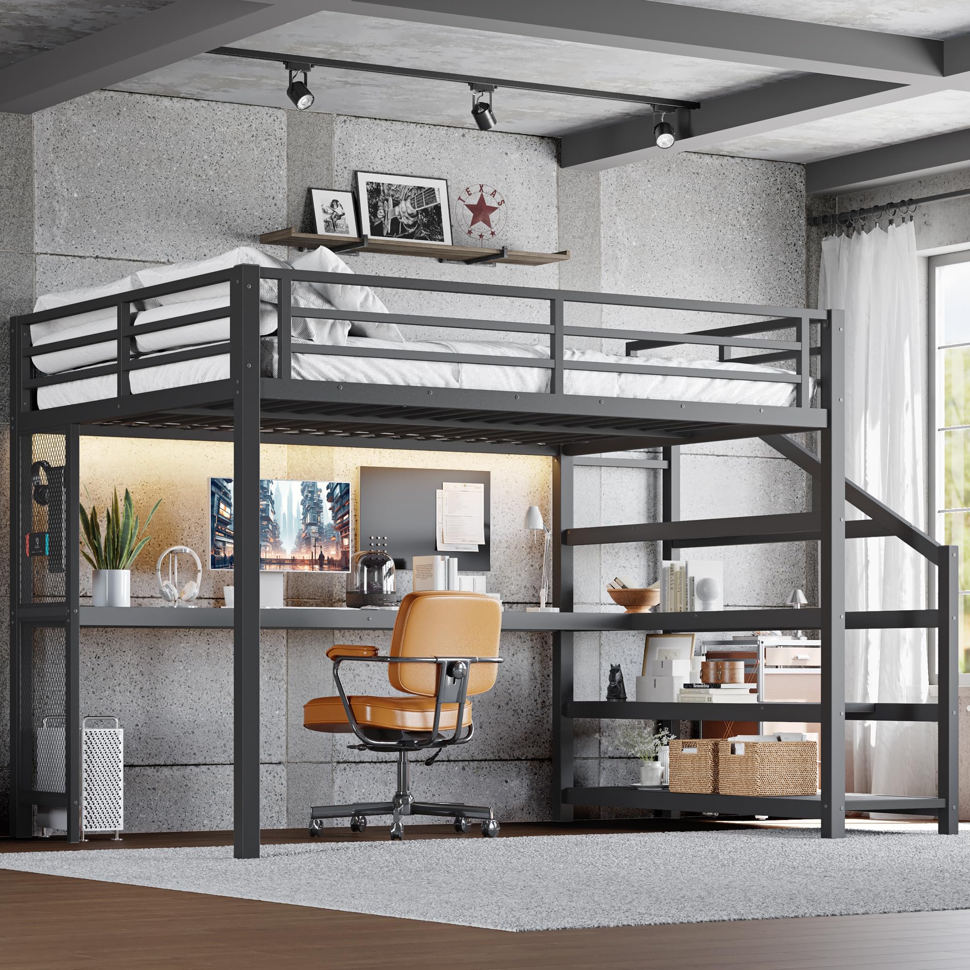 Photo 1 of (SOLD AS PARTS, BOTTOM HALF) Bellemave Queen loft Bed with Black Stairs, Shelves, Metal Queen Loft Beds with LED Lights, USB Ports, Multifunctional Iron Nets for Adults, Kids, Teens, Black