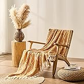 DOWN HOME Chenille Cotton Throw Blanket for Couch, Lightweight Boho Blanket for Bed Sofa Chair Living Room Outdoor Soft Woven Decorative Blanket with Tassel Gift Orange Leaves 55"x60"