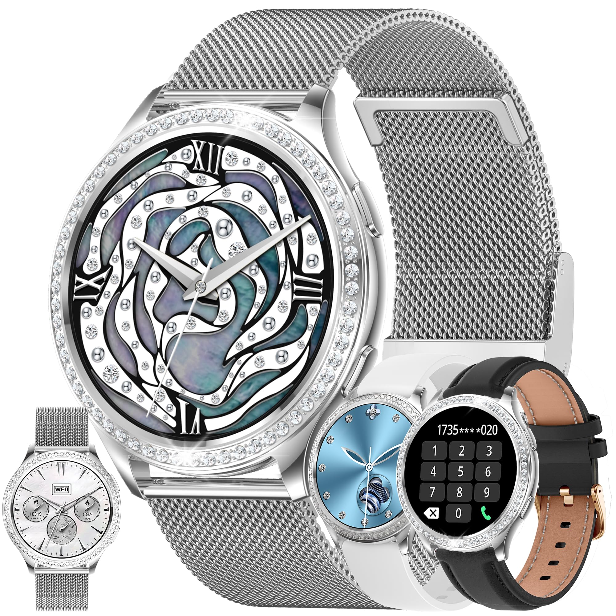 Women's Smart Watch with Bluetooth 5.1 Call/Dialing, 1.32 Inch Diamond Smartwatch Compatible Android iOS, Female Function, Pedometer GPS Shared Watch 123 Sports Heart Rate Monitor (Silver)