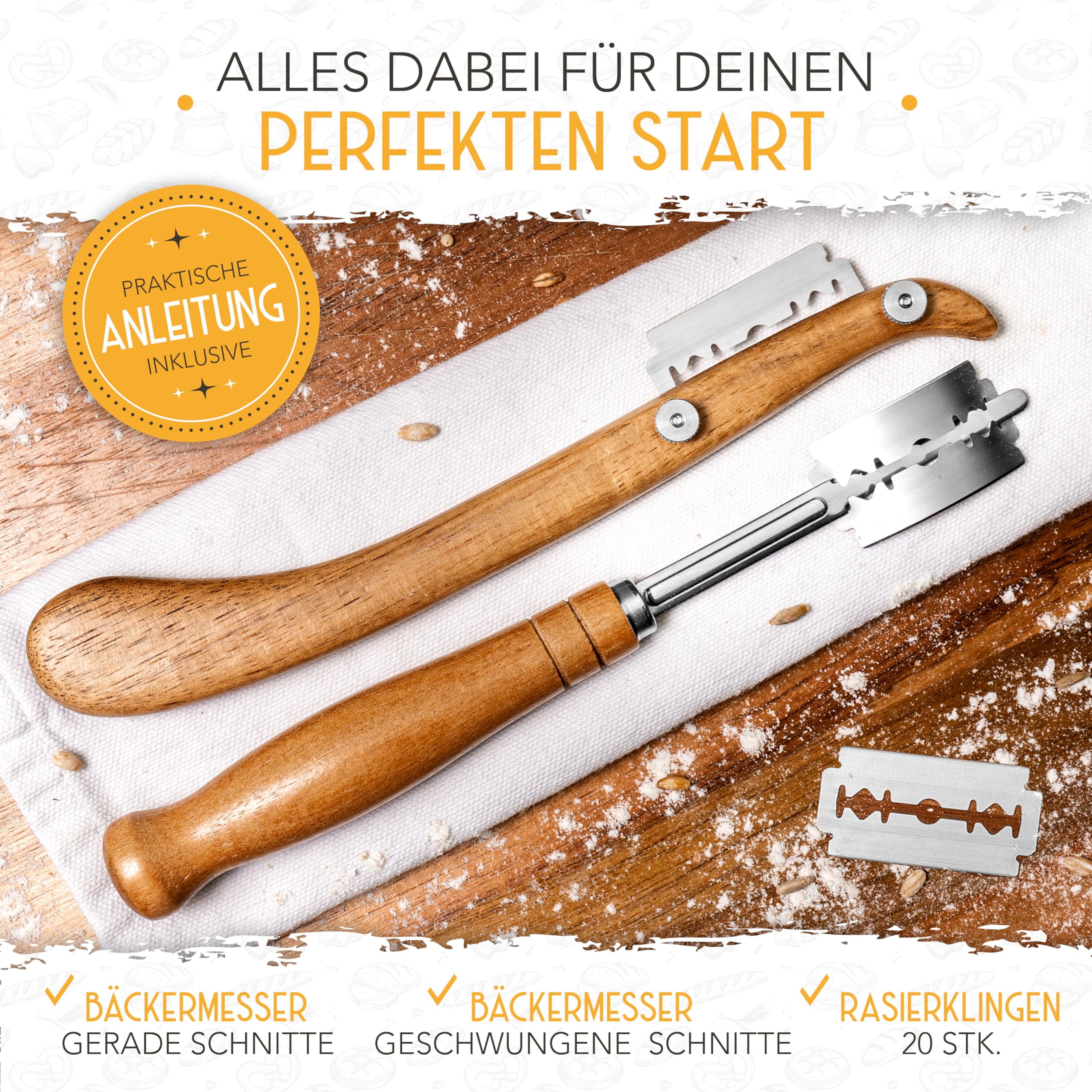 KRUSTENZAUBER Gärkörbchen zum Brotbacken + Bäckermesser - Set aus 2x Gärkorb und 2x Teigritzmesser - Brot Backen Zubehör, Brotkorb, Brotbackform, Sauerteig Teigschneider, Gärfolie Brot 6