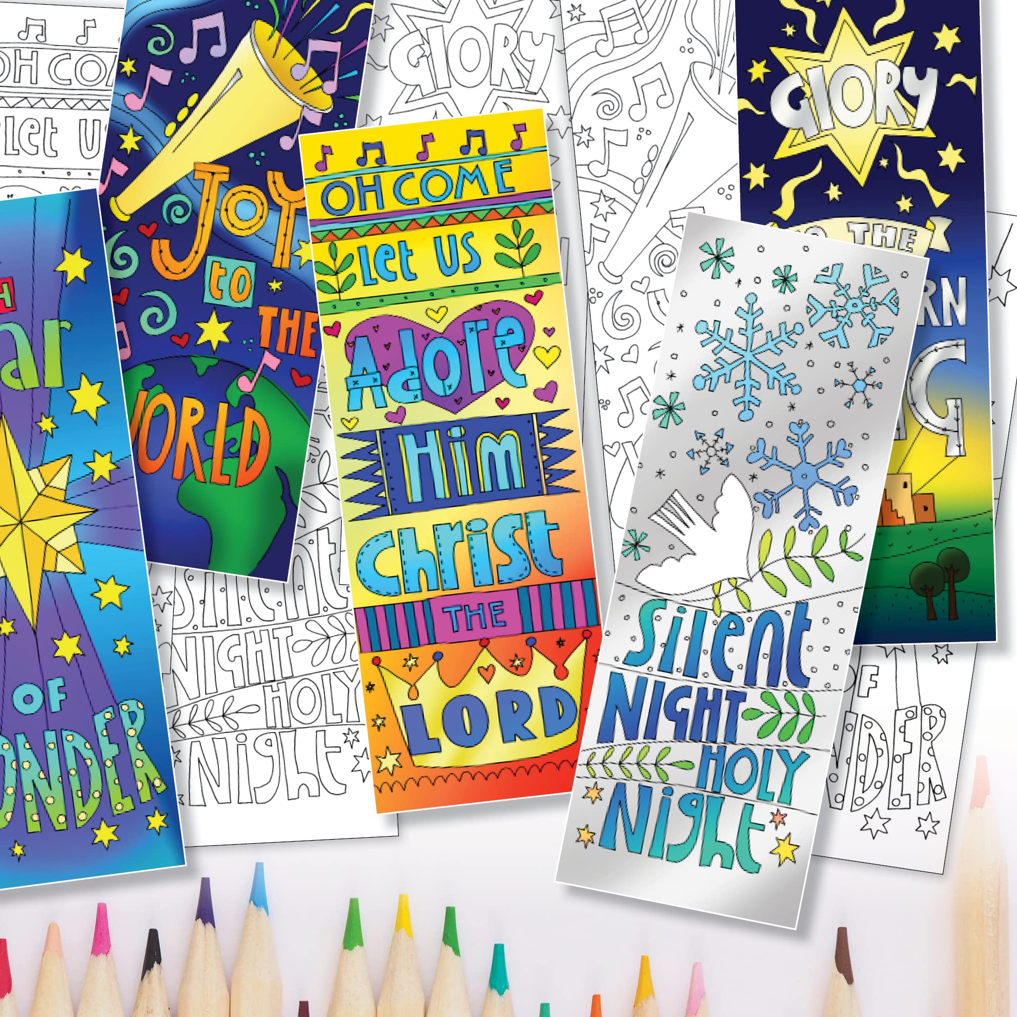 Christmas Colouring Bookmarks, Pack of 10, with Bible Verse on Reverse. Pack of Christian Christmas Bookmarks to Colour, by Just Cards Direct. (5x2)