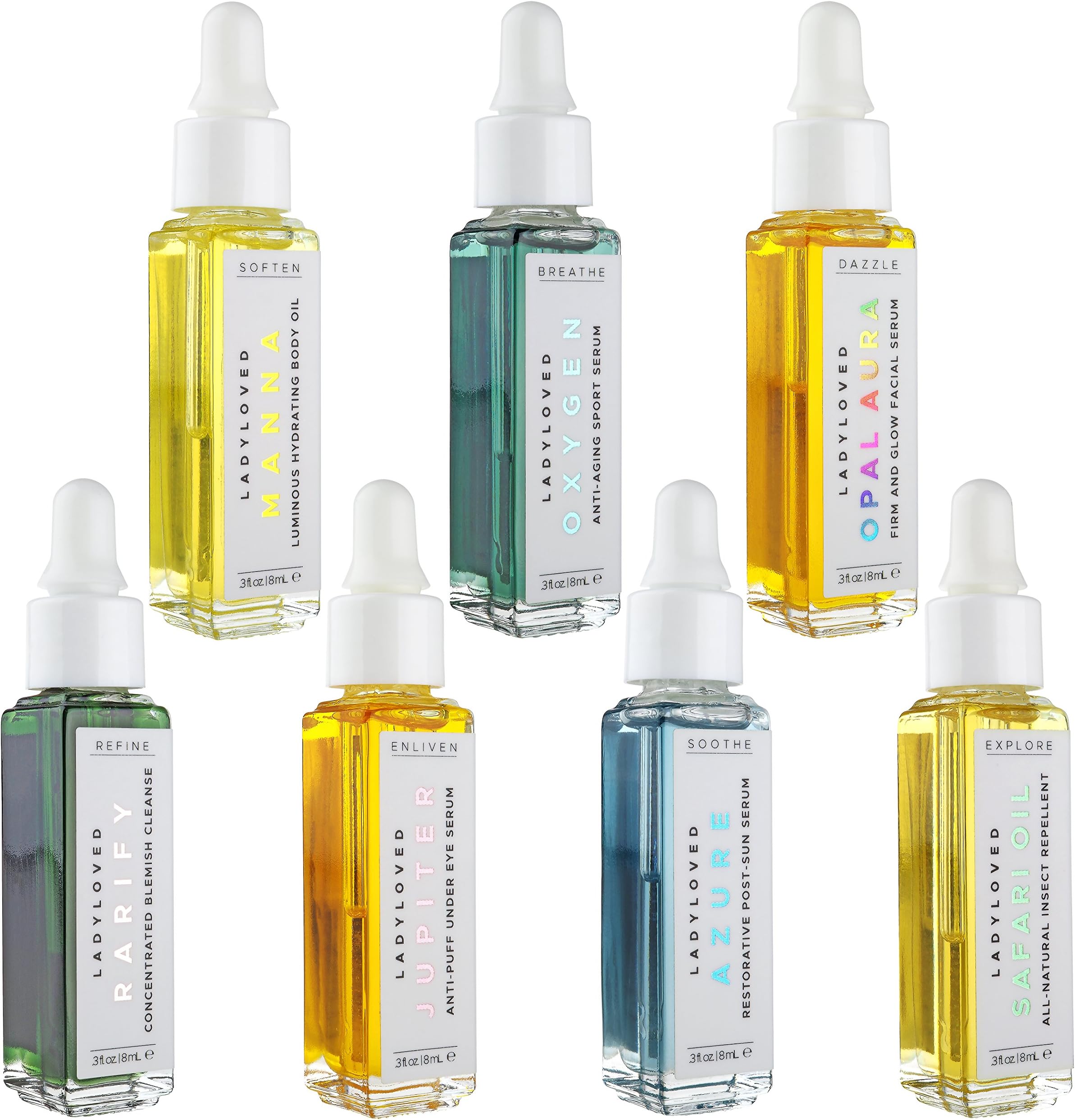 Organic Skin Care Set, 7 All Natural Serums: Opal Aura Facial Serum, Manna Body Oil, Azure Post-Sun Serum, Oxygen Sport Serum, Rarify Blemish Cleanse, Jupiter Under Eye Serum, and Safari Oil Repellent