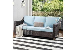 MeetLeisure Patio Sofa, All Weather Outdoor Rattan Wicker 3-Seat Sofa High Back Couch with Premium Cushions for Garden Backyard Porch(Brown/Baby Blue)