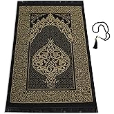SUMELA Muslim Prayer Rug with Islam Prayer Beads - Travel Prayer Mat, Islamic Gifts for Women, Portable Prayer Matt Islam, Islamic Prayer Rug Islam Men Women, Praying Mat for Muslim Gifts, Black